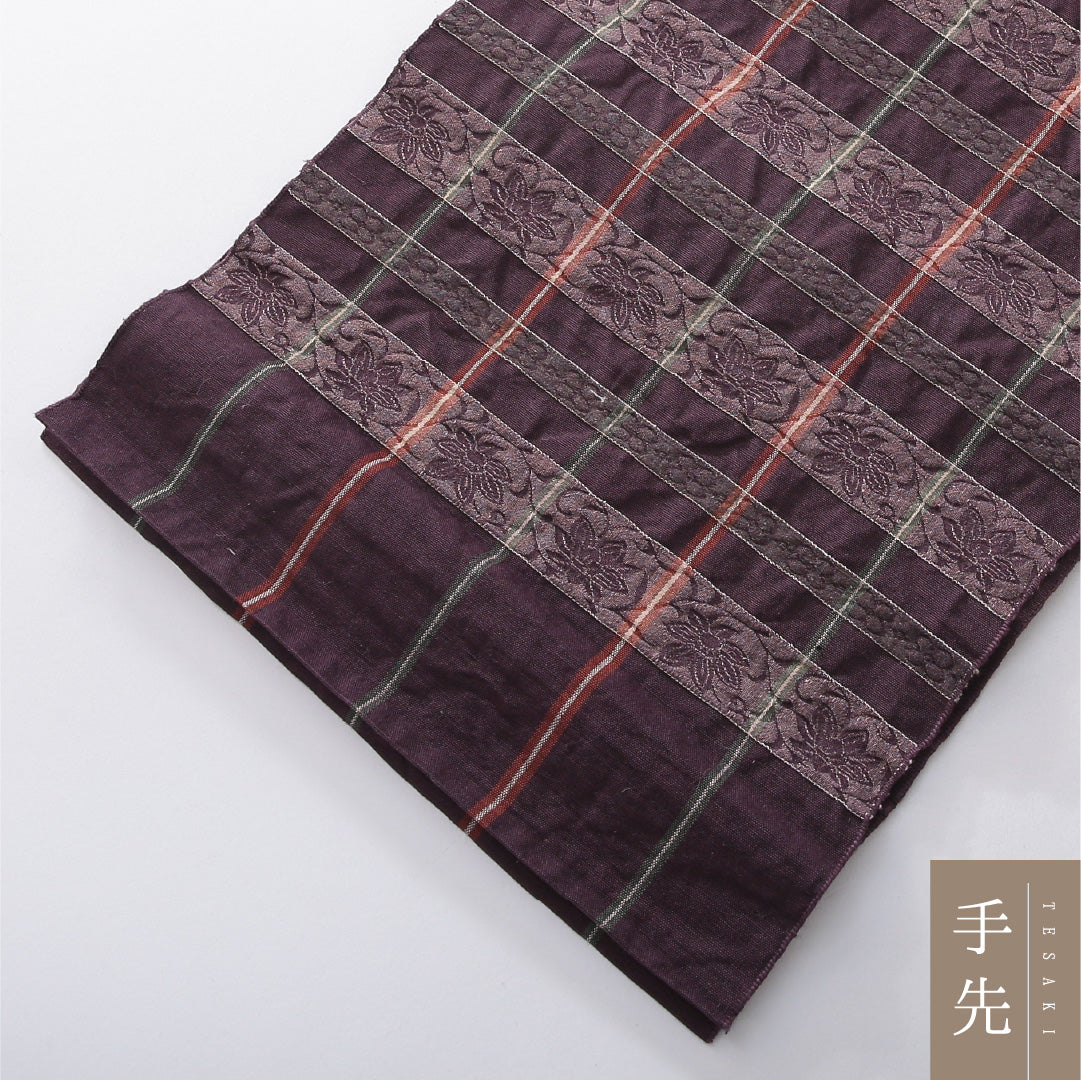 八寸名古屋帯 帯丈306cm カジュアル 開き仕立て 全通 Aランク 正絹 ふくれ織 唐華 紫系 1224-03921