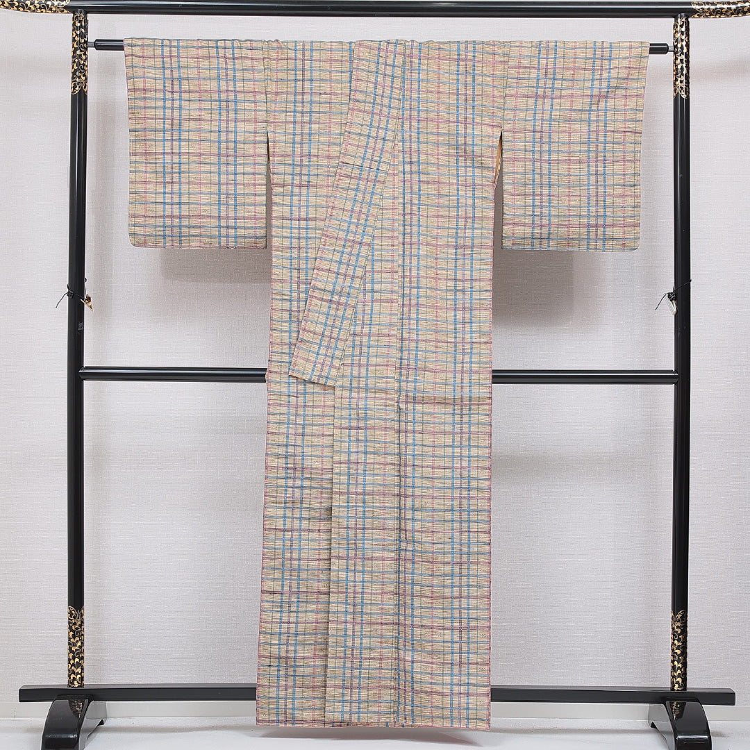 紬 袷 身丈159cm 裄丈66cm 正絹 Aランク カジュアル 広衿 Mサイズ 格子 多色系 RP 1223-16649