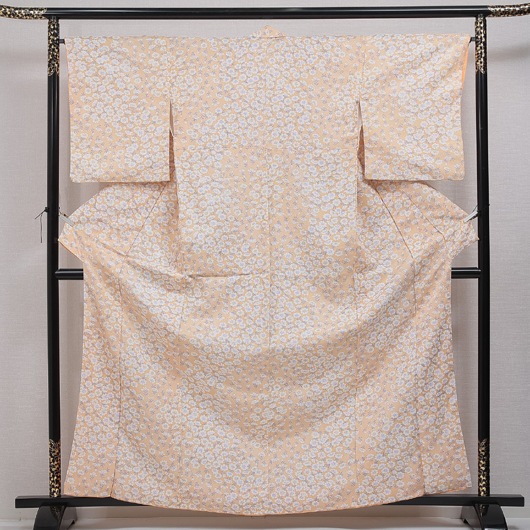 小紋 洗える着物 袷 身丈163cm 裄丈65cm ポリエステル Dランク Lサイズ 広衿 インフォーマル 撫子 クリーム系 朱系 1215-16353