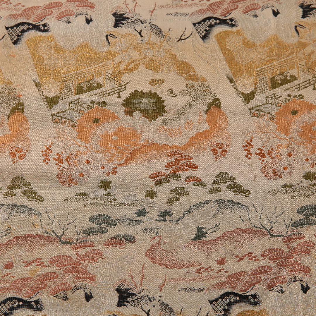 アンティーク 袋帯 帯丈400cm 全通 Cランク 正絹 御所解 松 クリーム系 金系 1223-01911