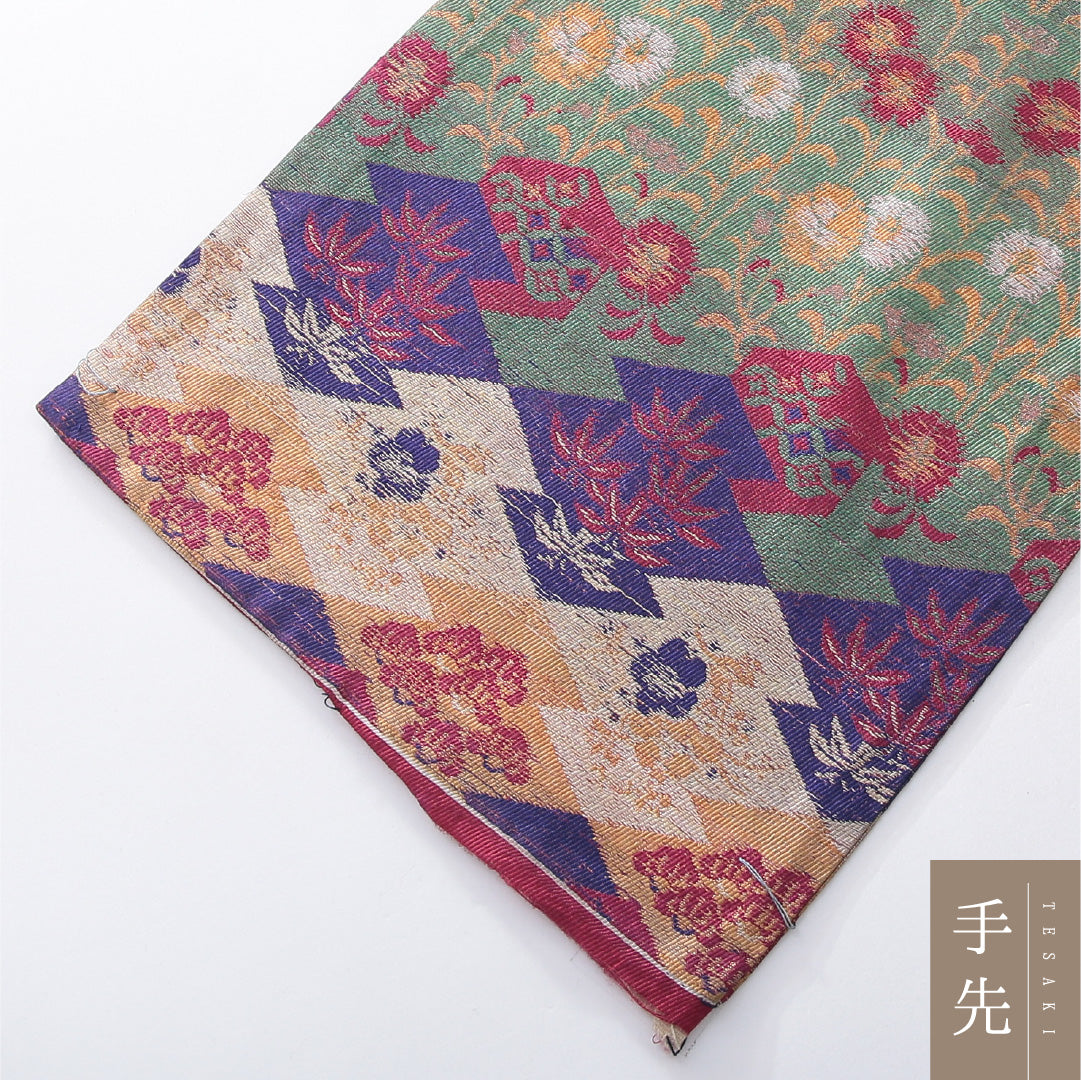 アンティーク 九寸名古屋帯 帯丈376cm 開き仕立て 全通 Dランク 正絹 蒲公英 吉祥文様 多色系 1224-03884