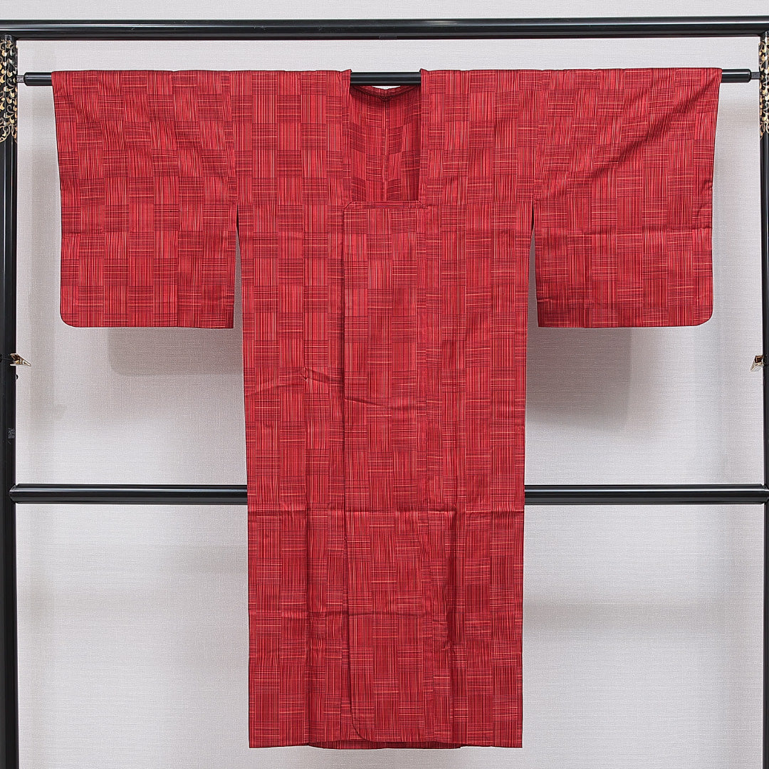 道行コート 単衣 身丈126cm 裄丈63cm 正絹 Sランク Sサイズ ポケットあり 格子 赤系 RP 1237-16135