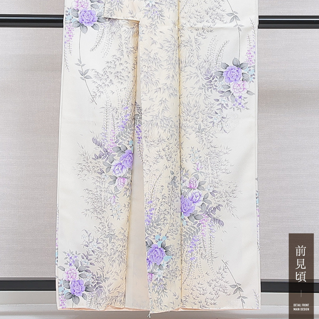 洗える着物 小紋 袷 身丈158cm 裄丈60cm ポリエステル Sランク インフォーマル 広衿 Mサイズ 椿 クリーム系 RP 1221-16002