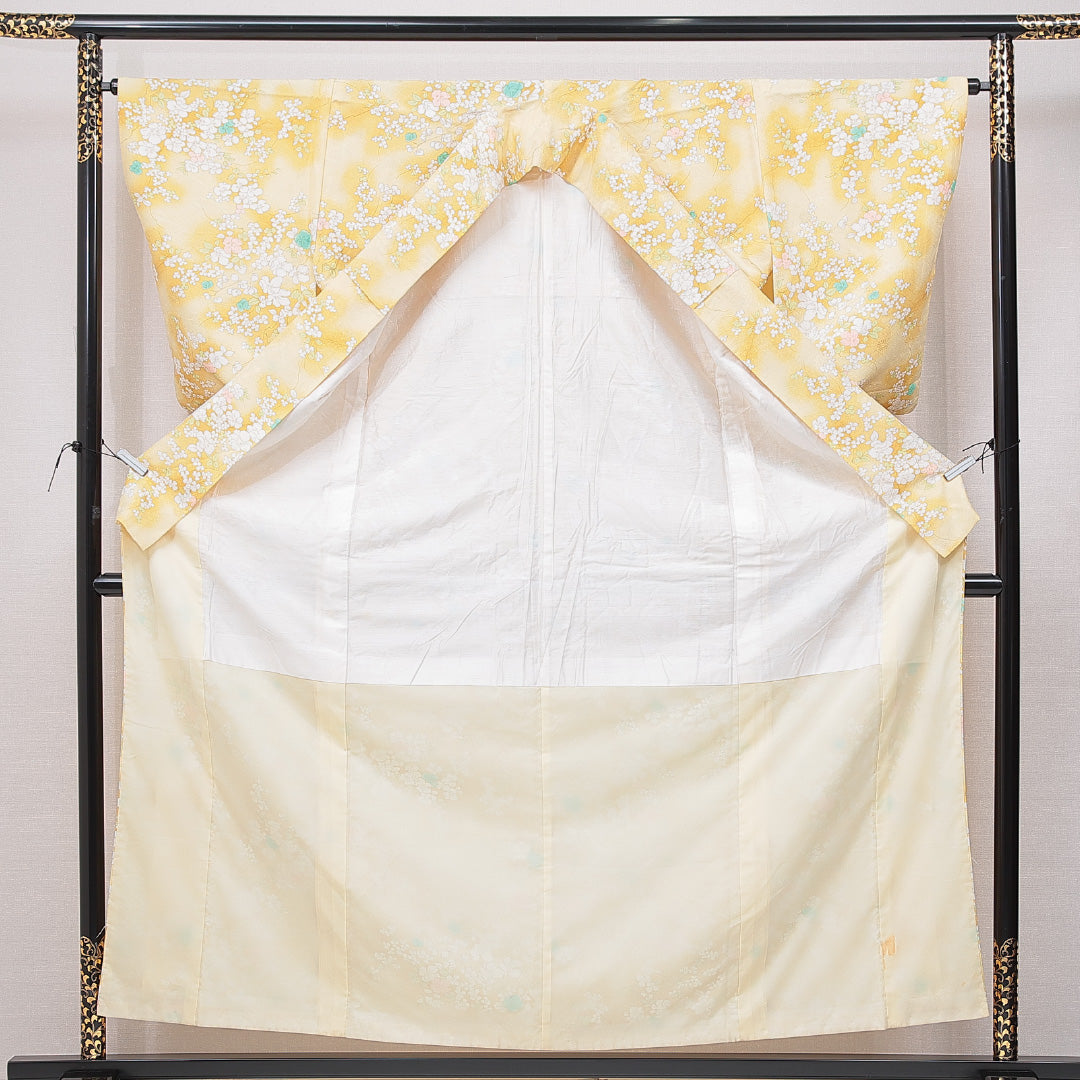 小紋 袷 身丈159cm 裄丈64cm 正絹 Cランク インフォーマル 広衿 Mサイズ 花柄 黄系 HP 1221-15097