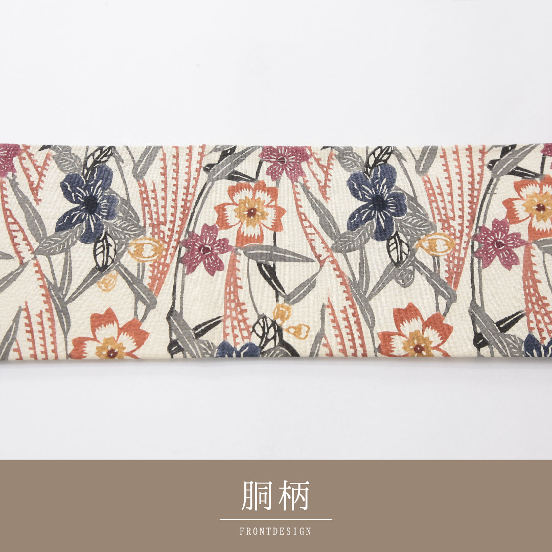 九寸名古屋帯 帯丈347cm インフォーマル 名古屋仕立て 六通 Cランク 正絹 染め帯 ちりめん 桜 クリーム系 紺系 1224-03986