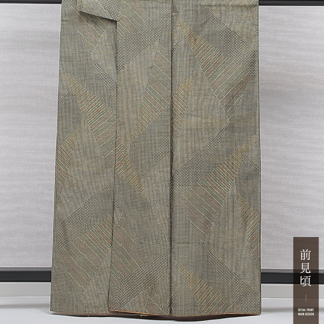 紬 袷 身丈162cm 裄丈63cm 正絹 Sランク カジュアル 広衿 Lサイズ 抽象柄 緑系 RP 1223-15508