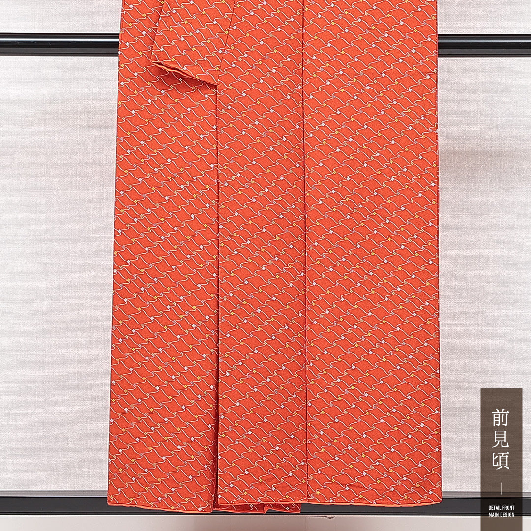 小紋 袷 身丈151cm 裄丈62cm 正絹 Sランク インフォーマル 広衿 Sサイズ 花柄 朱系 RP 1221-15079