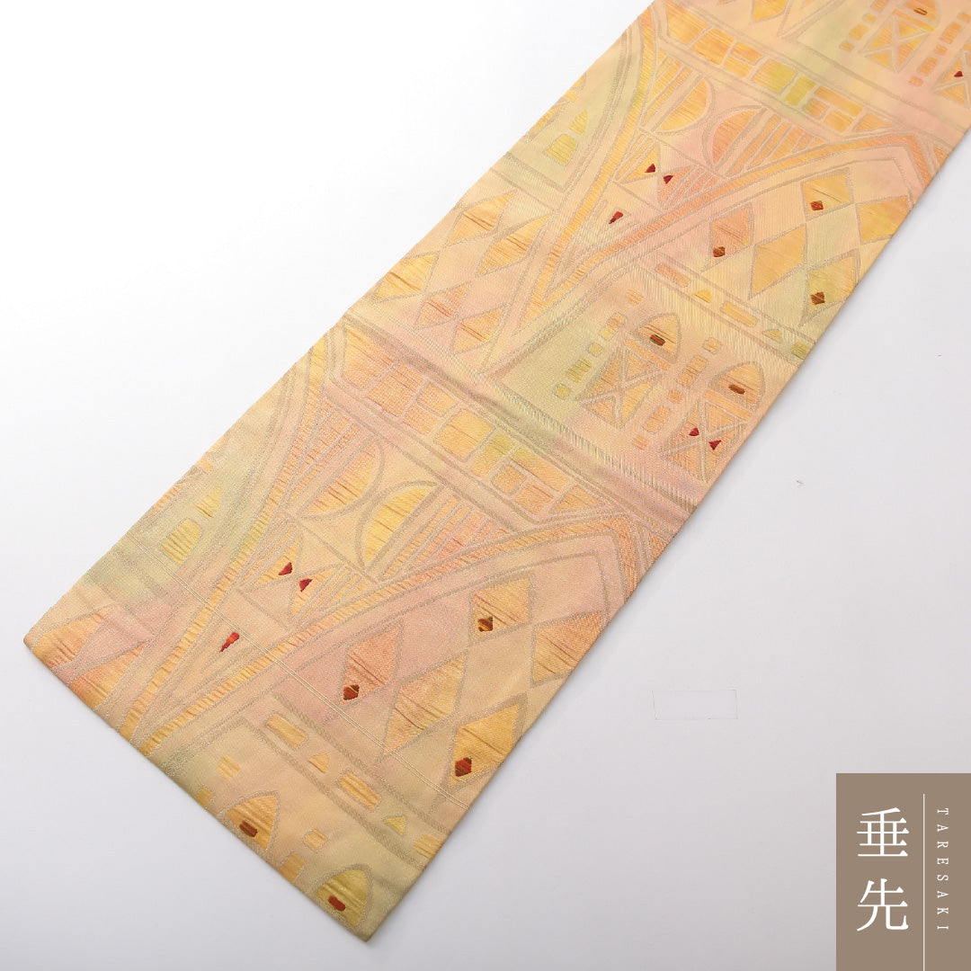 九寸名古屋帯 Sランク 帯丈354cm 正絹 全通 名古屋仕立て 織り カジュアル 創作柄 黄系 LP 1245-03762