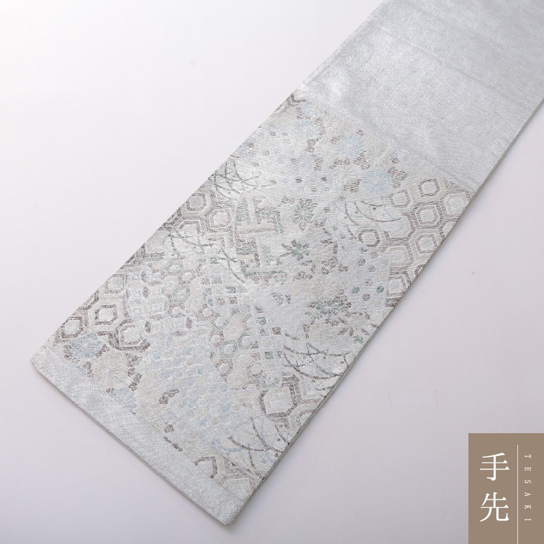 袋帯 帯丈430cm 正絹 六通 フォーマル 扇面文 古典柄 銀系 1243-02045