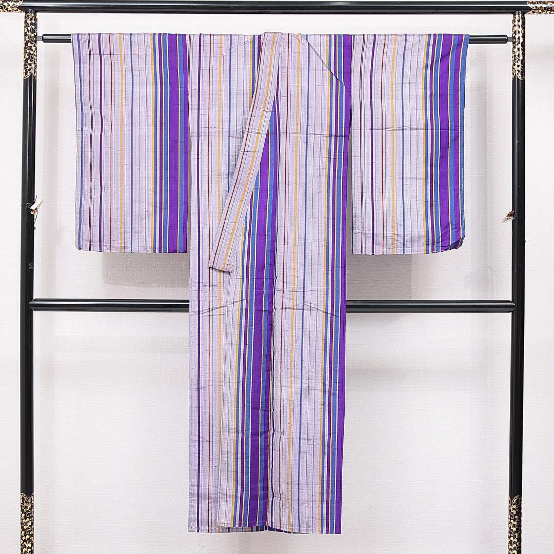 アンティーク 紬 単衣 身丈143cm 裄丈62cm 正絹 Aランク XSサイズ バチ衿 居敷当て 肩当て 縞 グレー系 紫系 1216-15106