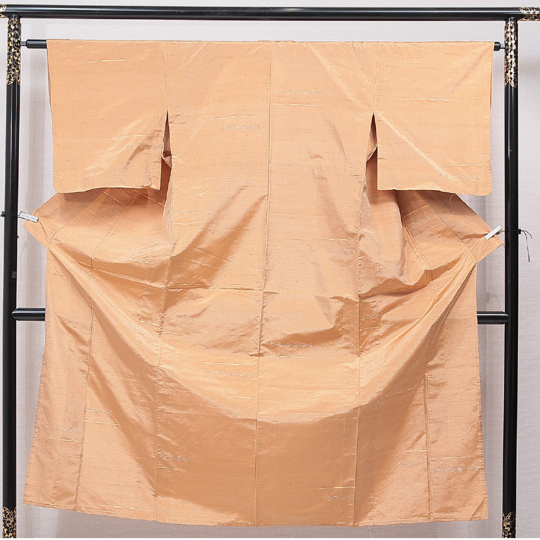 紬 単衣 身丈148cm 裄丈62cm 正絹 Dランク XSサイズ バチ衿 カジュアル 肩当て 無地 黄系 1216-15581