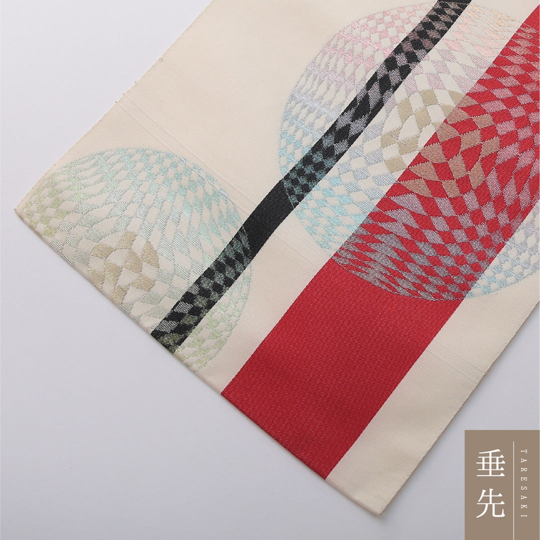 八寸名古屋帯 帯丈343cm インフォーマル 松葉仕立て 六通 Aランク 正絹 博多織 毬 縞 クリーム系 1224-03416
