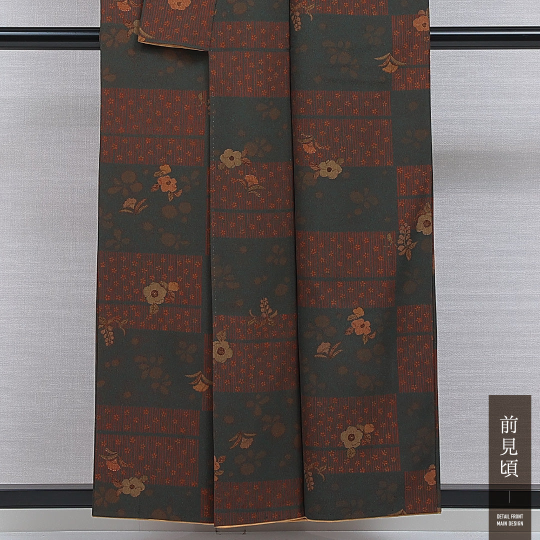 洗える着物 小紋 袷 身丈155cm 裄丈63cm ポリエステル Sランク インフォーマル 広衿 Mサイズ 椿 緑系 RP 1221-16335