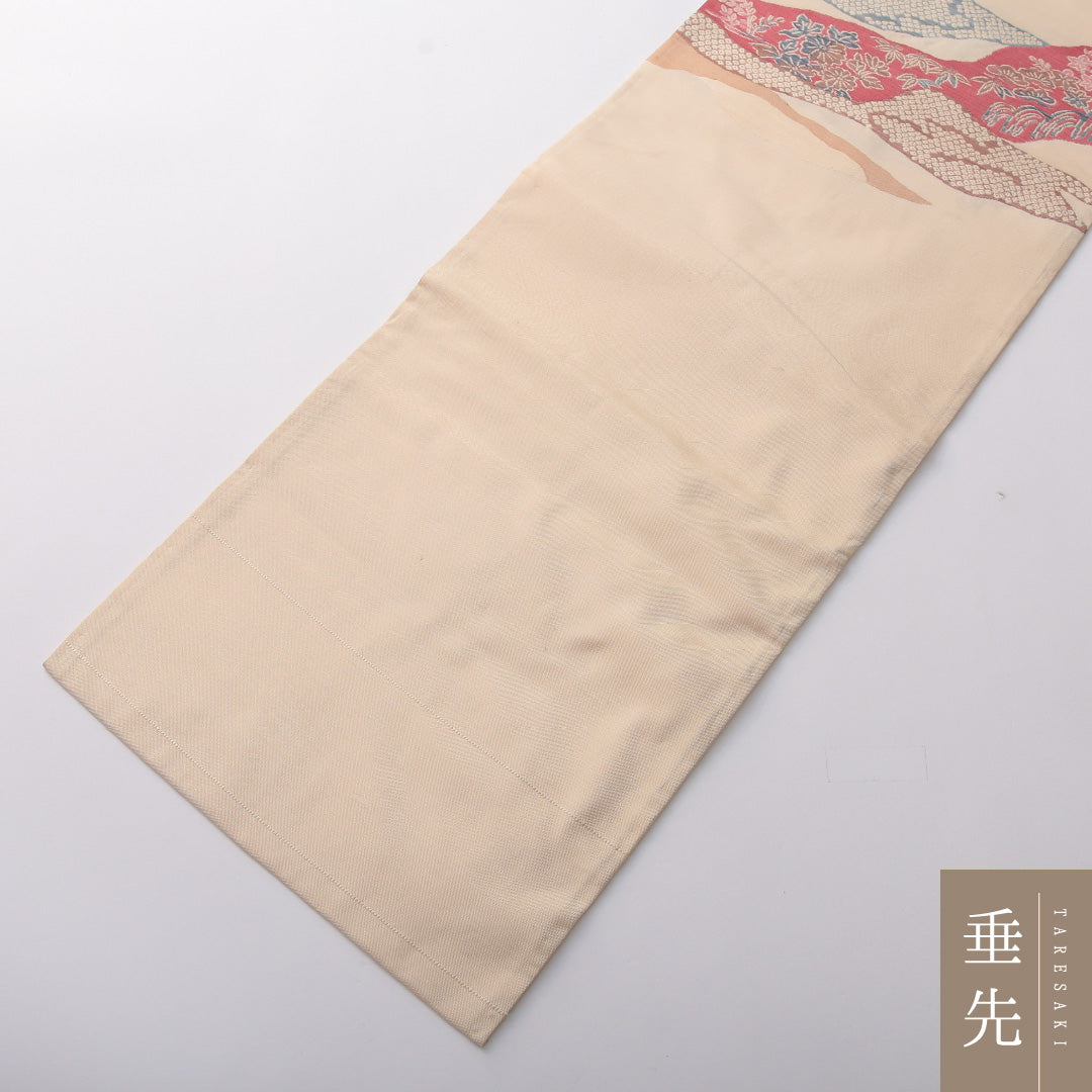 九寸名古屋帯 Aランク 帯丈361cm 正絹 ポイント柄 名古屋仕立て 織り カジュアル 紬 道長取り 菊 クリーム系 RP 1245-03385