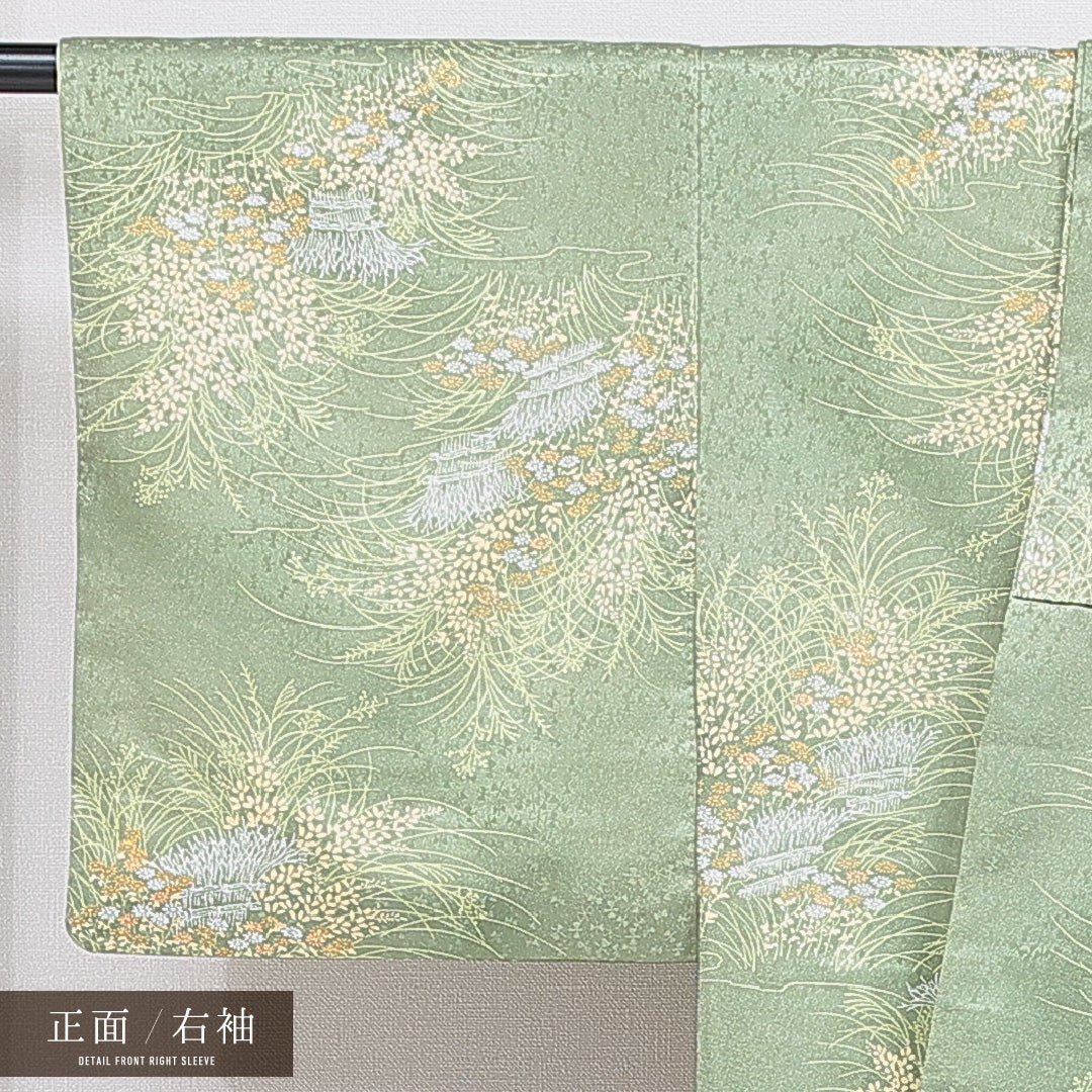 洗える着物 小紋 袷 身丈150cm 裄丈62cm ポリエステル Sランク インフォーマル 広衿 Sサイズ 植物柄 緑系 RP 1221-16273