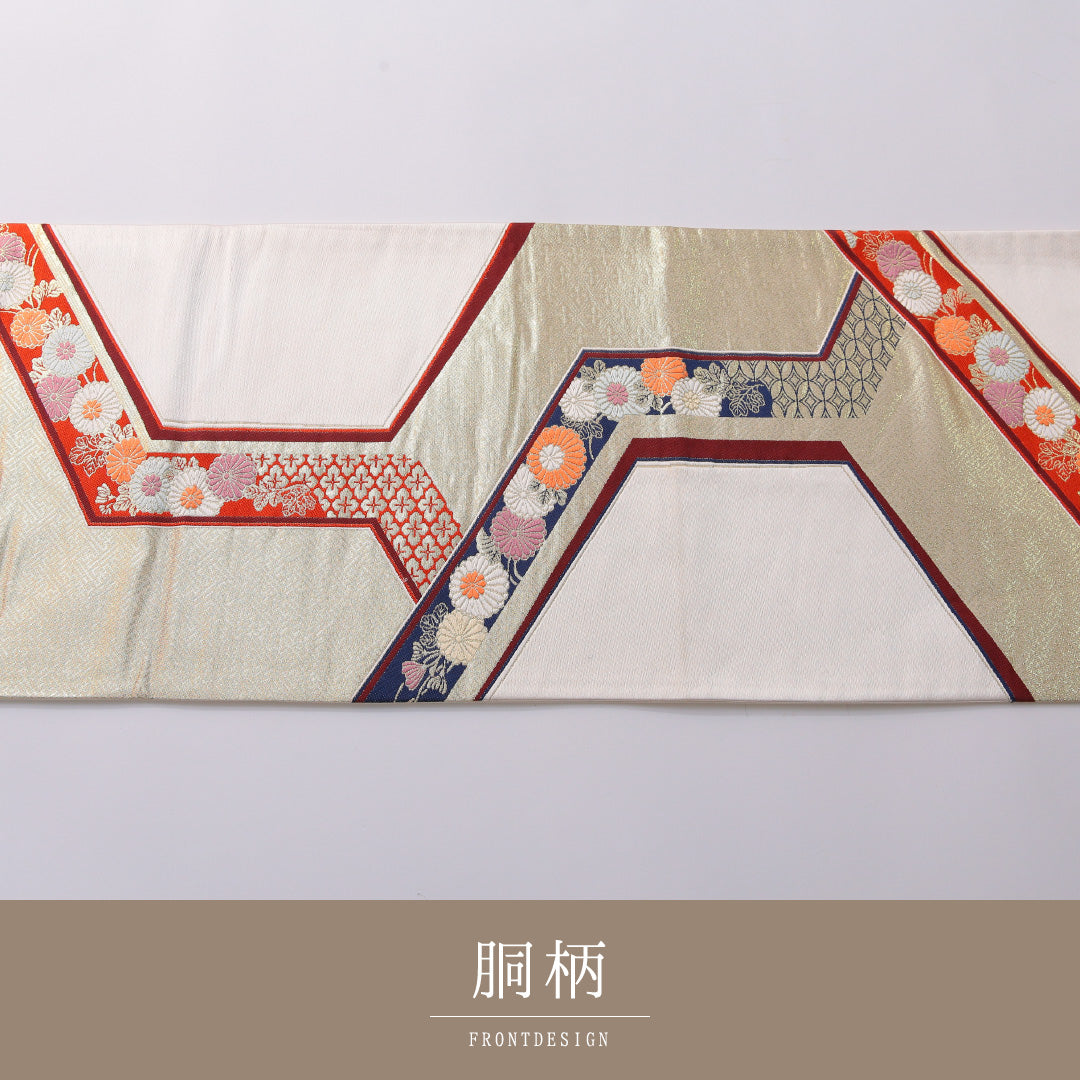 袋帯 帯丈432cm 正絹 六通 フォーマル 亀甲 吉祥文様 白系 金系 1243-01964