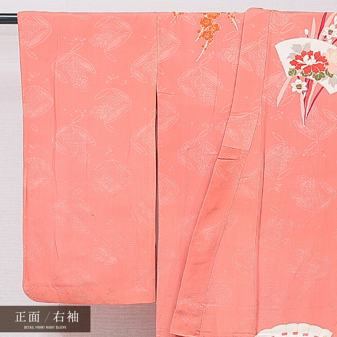 アンティーク 訪問着 袷 身丈151cm 裄丈63cm 正絹 Cランク 一つ紋 (五三桐) バチ衿 Sサイズ 扇 菊 ピンク系 M4 1217-15899