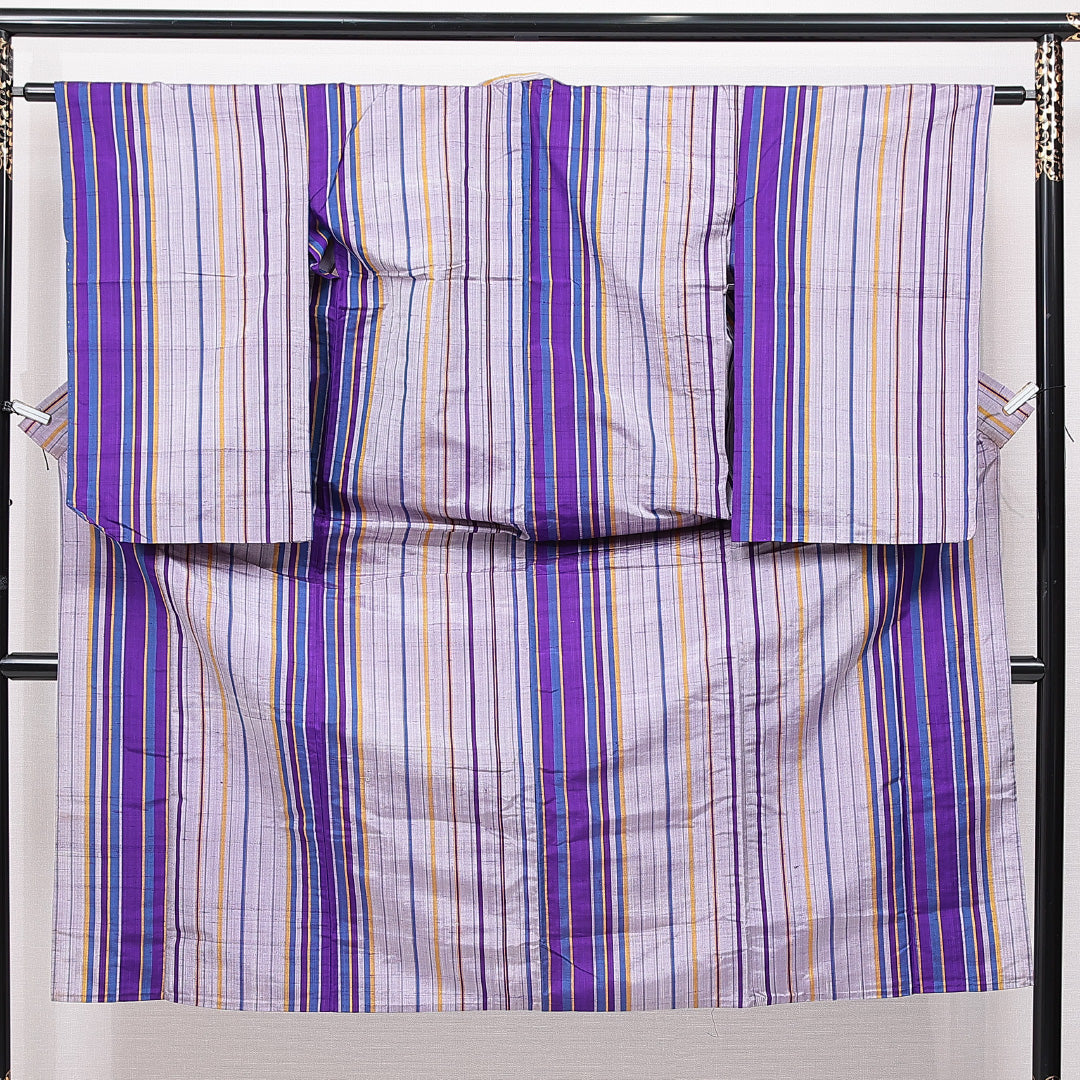 アンティーク 紬 単衣 身丈143cm 裄丈62cm 正絹 Aランク XSサイズ バチ衿 居敷当て 肩当て 縞 グレー系 紫系 1216-15106