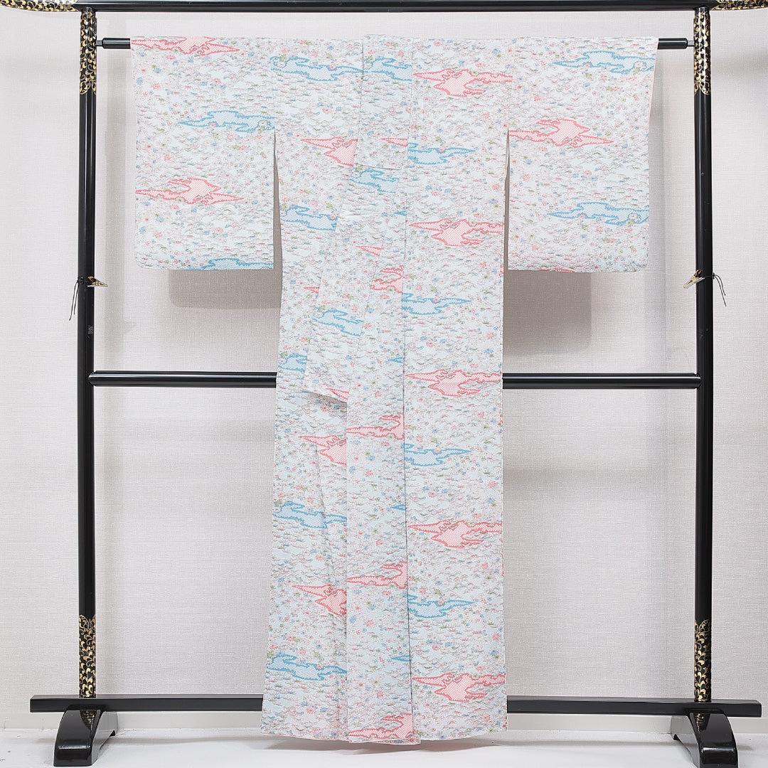 小紋 洗える着物 袷 身丈159cm 裄丈63cm ポリエステル Sランク Mサイズ 広衿 インフォーマル 菊 笠松 水色系 1215-15808