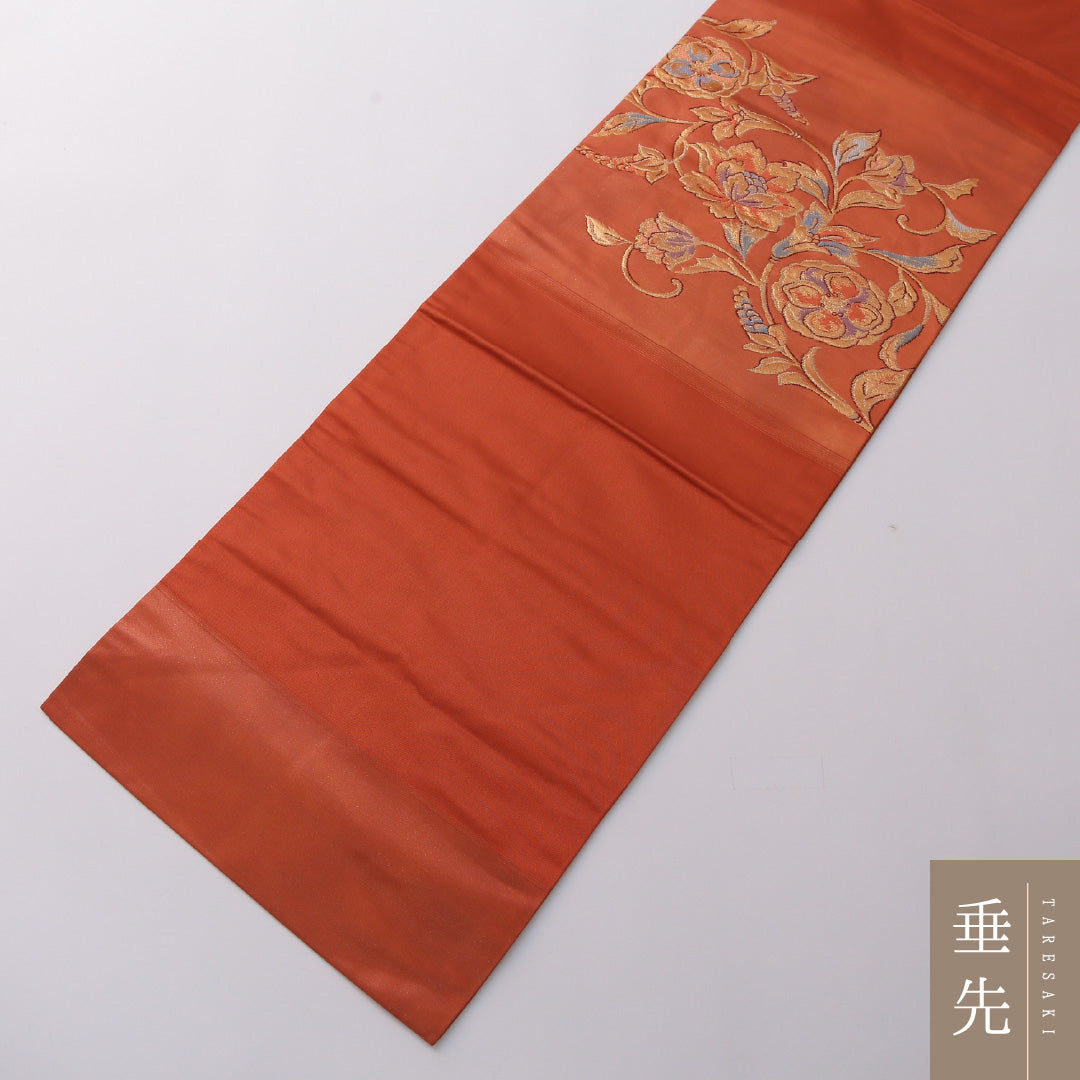 九寸名古屋帯 Sランク 帯丈354cm 正絹 ポイント柄 名古屋仕立て 織り セミフォーマル 唐華 朱系 LP 1245-03250