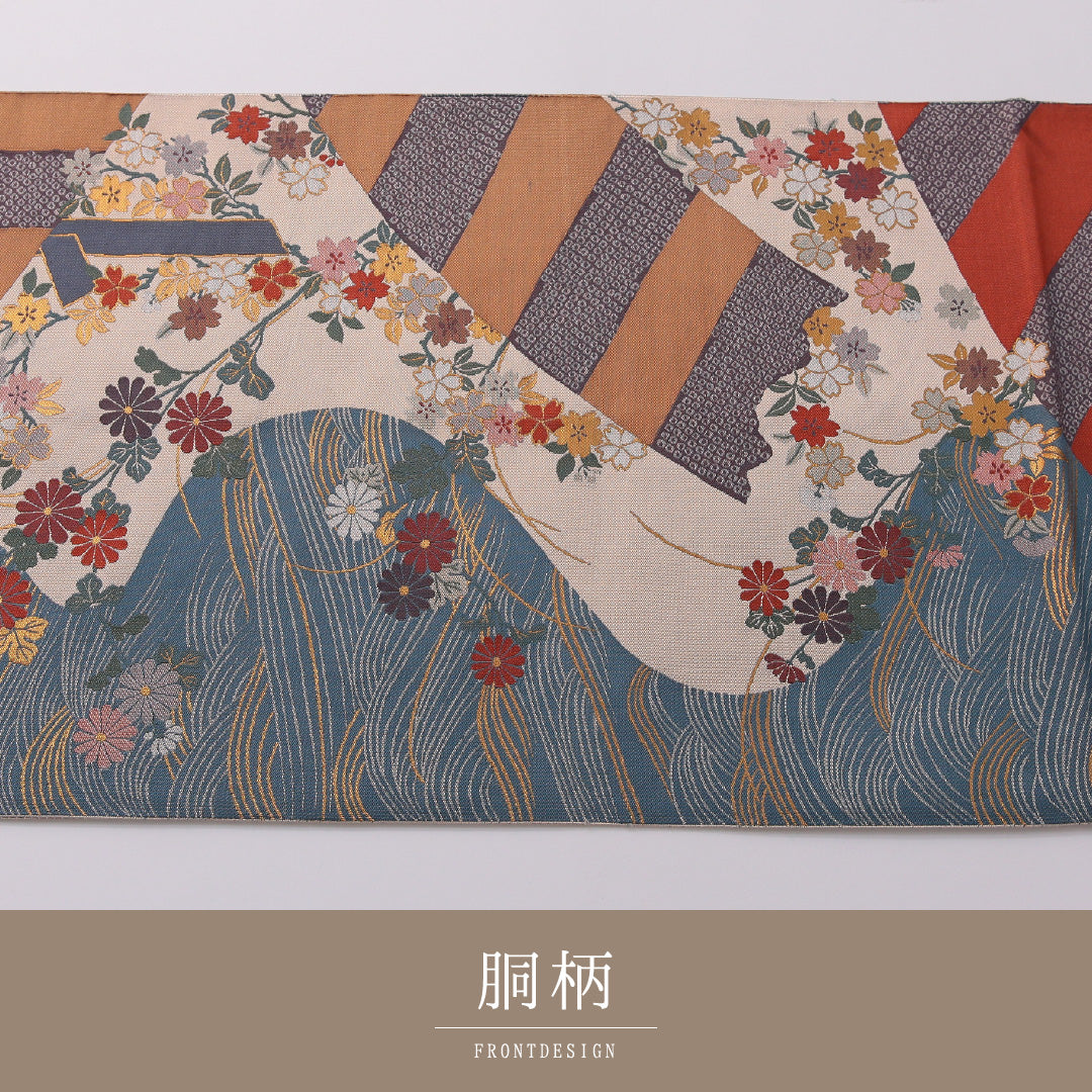 袋帯 帯丈432cm 正絹 全通 セミフォーマル 風景柄 桜 吉祥文様 多色系 1243-01932