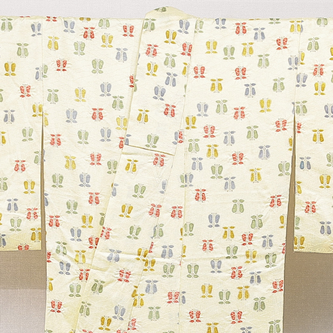 小紋 袷 身丈158cm 裄丈64cm 正絹 Cランク インフォーマル 広衿 Mサイズ 花柄 黄系 HP 1221-15550