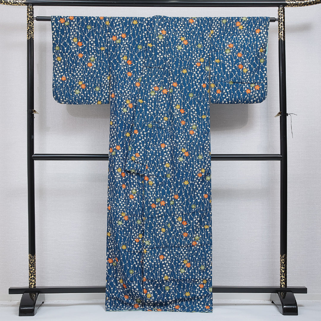小紋 袷 身丈167cm 裄丈64cm 正絹 Bランク インフォーマル 広衿 XLサイズ 菊 楓 青系 HP 1221-15938