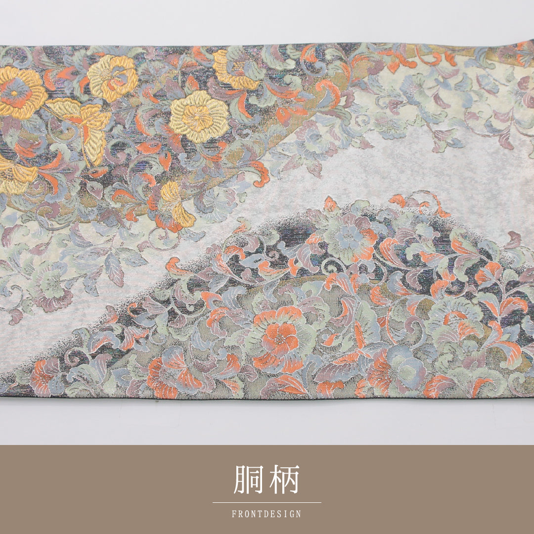 袋帯 帯丈442cm フォーマル 六通 Sランク 正絹 蝶 唐華 銀系 1223-02330