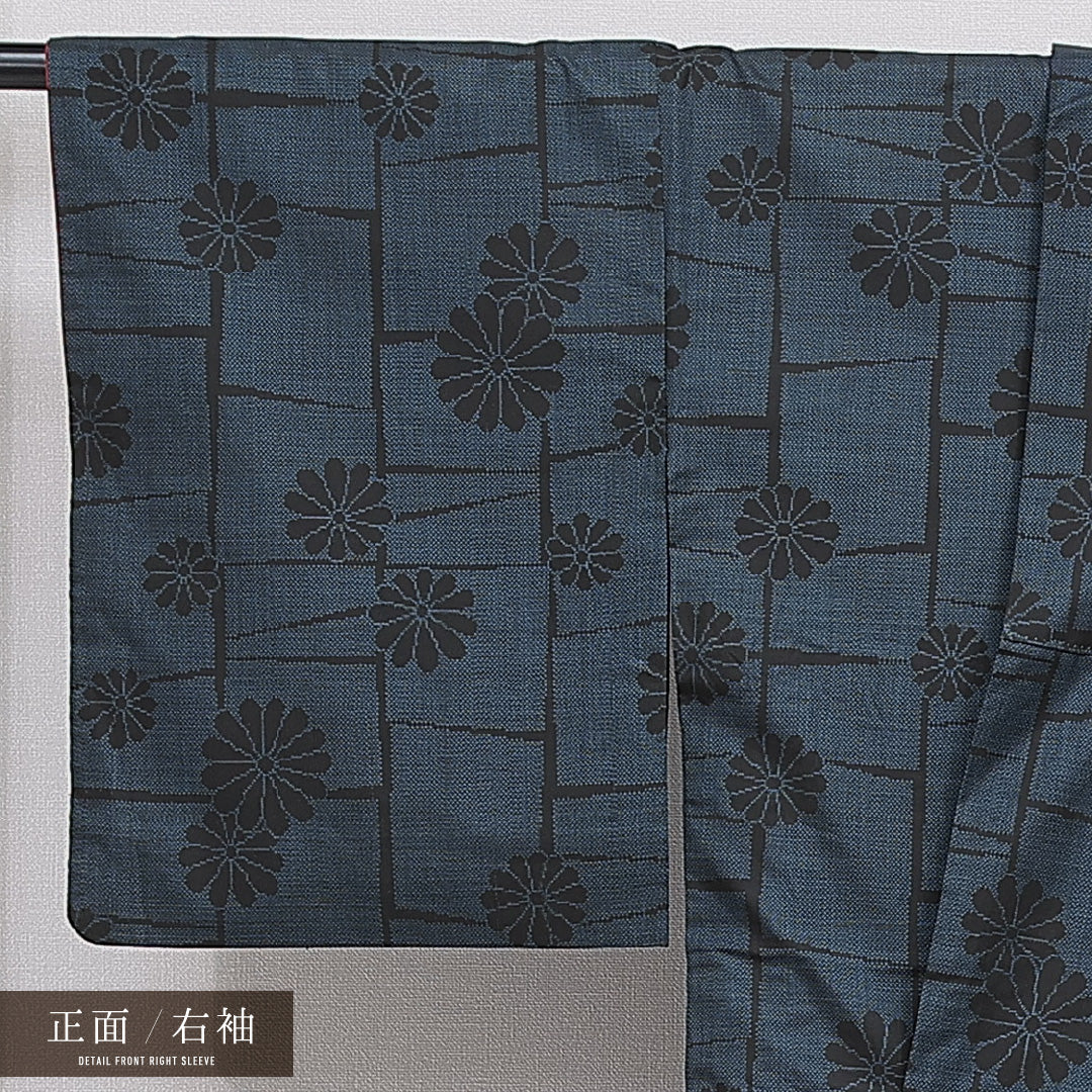 紬 袷 身丈161cm 裄丈65cm 正絹 Aランク カジュアル 広衿 Lサイズ 菊 紺系 RP 1223-15964