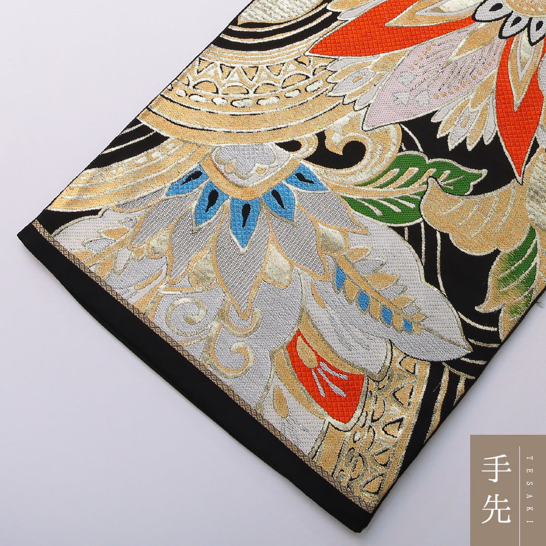 アンティーク 袋帯 帯丈412cm 六通 Aランク 正絹 植物柄 黒系 1223-01997