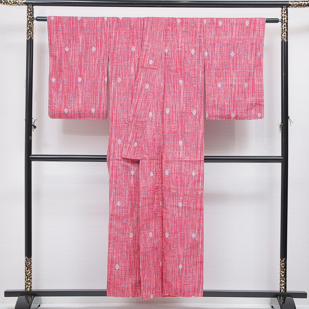 紬 袷 身丈153cm 裄丈64cm 正絹 Sランク Sサイズ 広衿 カジュアル 創作柄 ピンク系 1216-16663