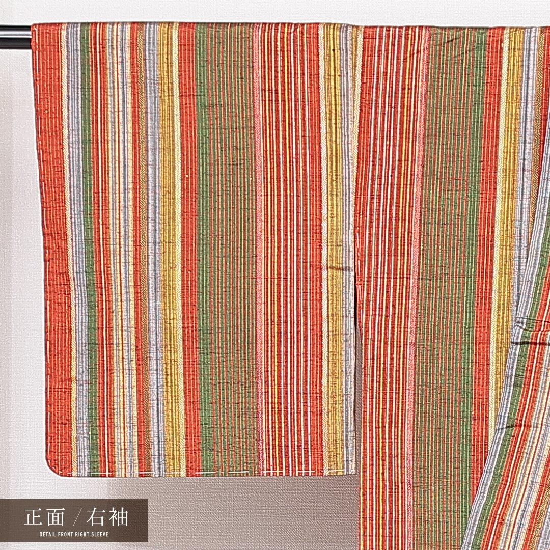 紬 袷 身丈154cm 裄丈62cm 正絹 Sランク カジュアル 広衿 Sサイズ 織り出し 縞 朱系 RP 1223-15024