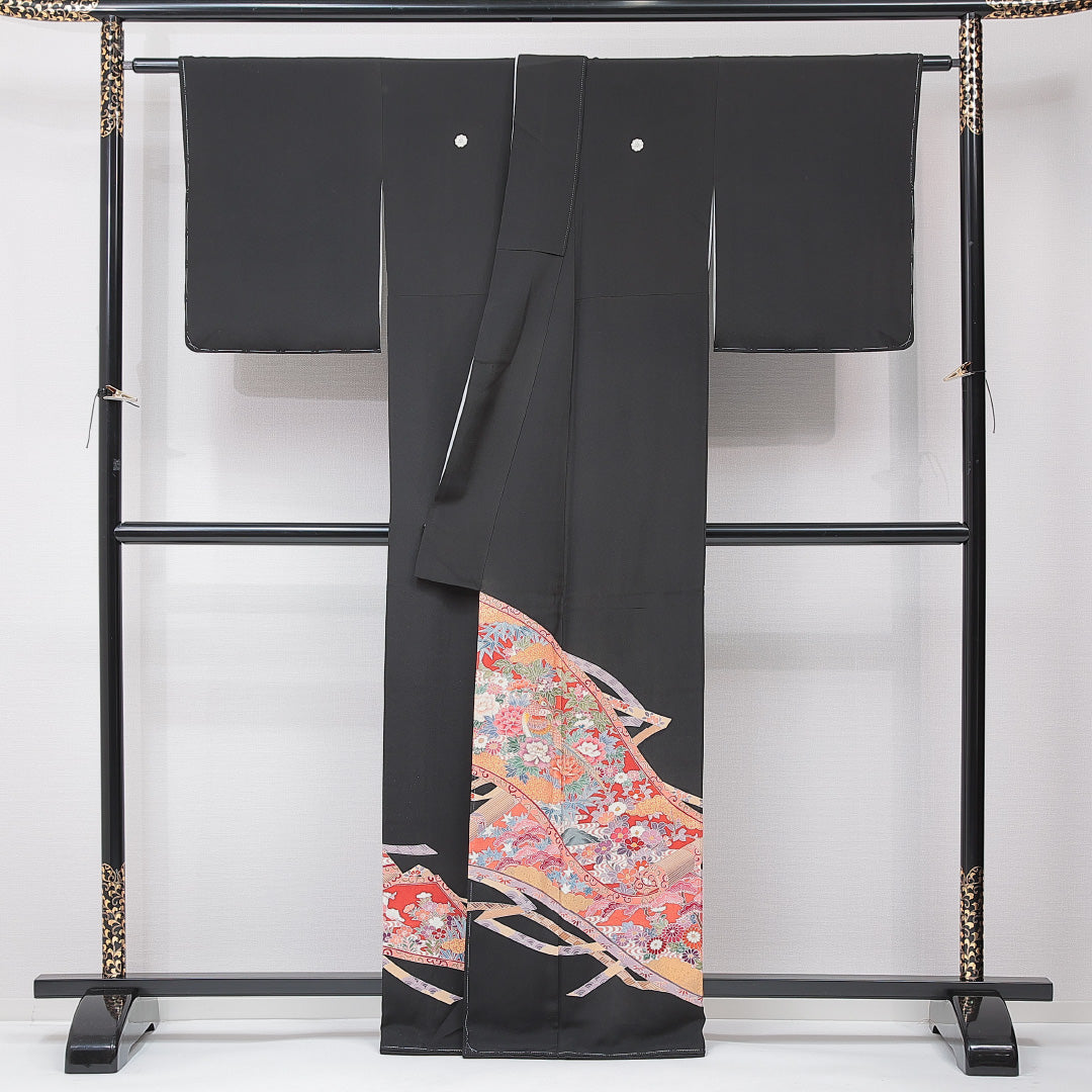 黒留袖 袷 身丈162cm 裄丈62cm 五つ紋 剣片喰 フォーマル Aランク Lサイズ 正絹 比翼仕立て 広衿 鳥 牡丹 1211-F0642