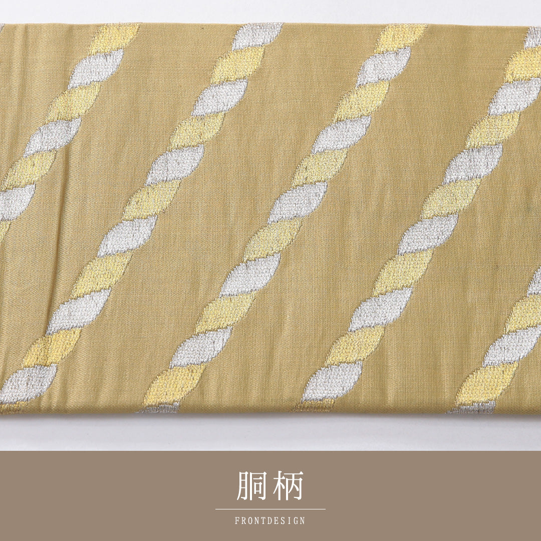 九寸名古屋帯 帯丈347cm インフォーマル 名古屋仕立て 六通 Cランク 正絹 創作柄 黄系 緑系 1224-03948