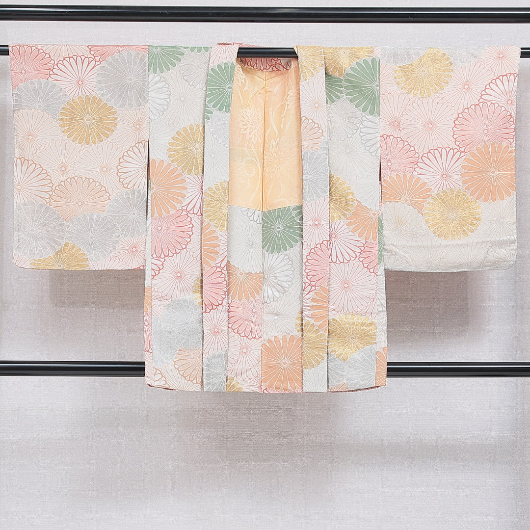 アンティーク 羽織 袷 身丈83cm 裄丈64cm 正絹 Bランク Mサイズ 菊 グレー系 M4 1232-16181
