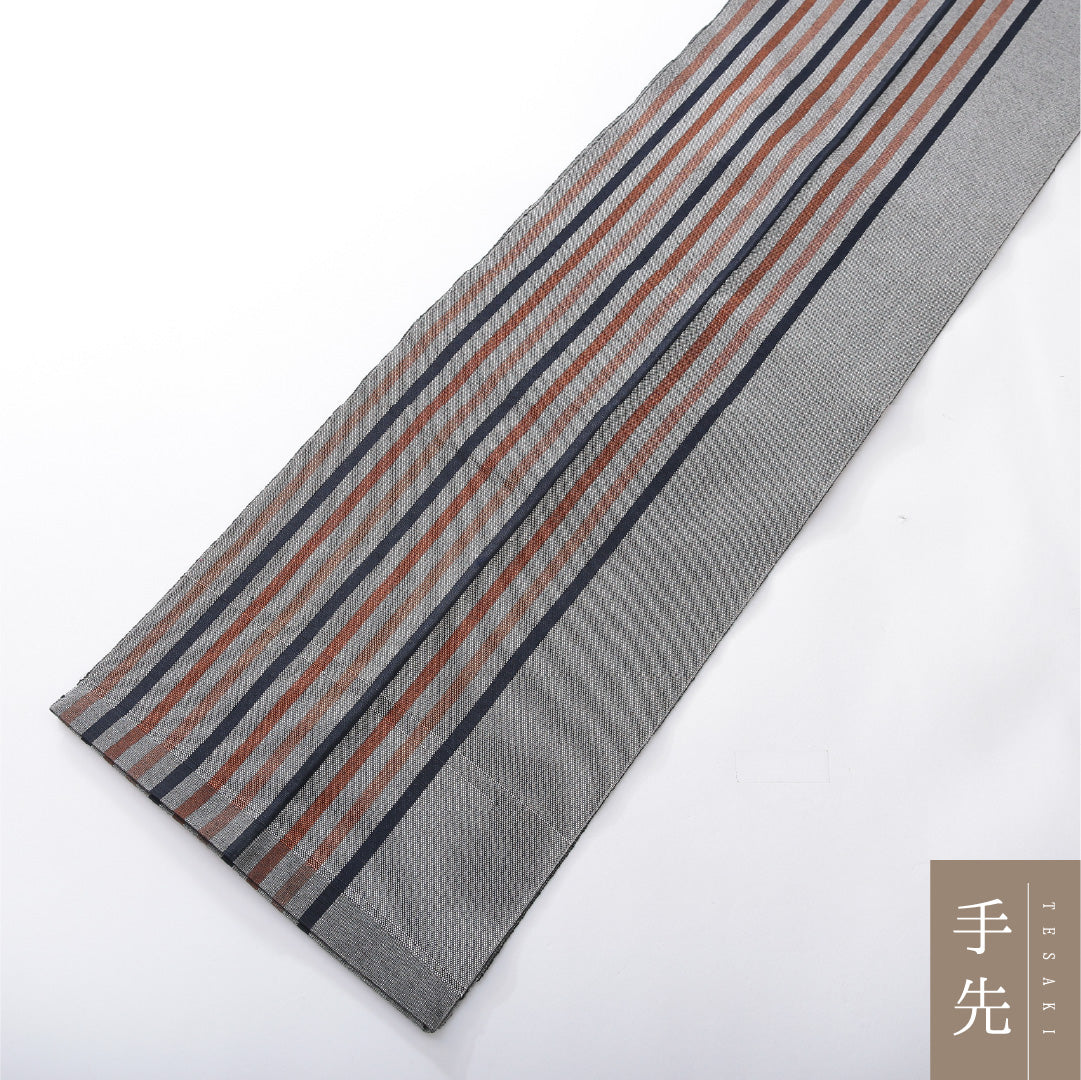 八寸名古屋帯 Aランク 帯丈392cm 正絹 全通 開き仕立て 織り カジュアル 証紙 縞 グレー系 RP 1245-03885