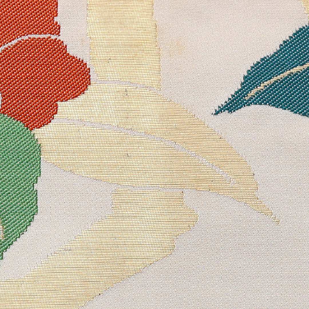 九寸名古屋帯 帯丈355cm カジュアル 名古屋仕立て 六通 Cランク 正絹 花柄 クリーム系 1224-03545