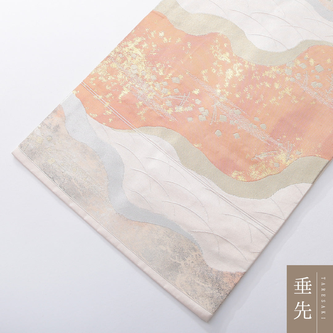 九寸名古屋帯 帯丈354cm セミフォーマル 名古屋仕立て ポイント柄 Sランク 正絹 松葉 創作柄 ベージュ系 ピンク系 1224-03900