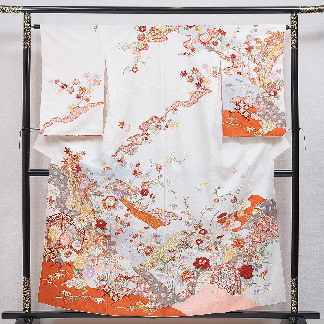 訪問着 洗える着物 袷 身丈158cm 裄丈64cm ポリエステル Aランク Mサイズ 広衿 セミフォーマル 吉祥文様 白系 1212-16264