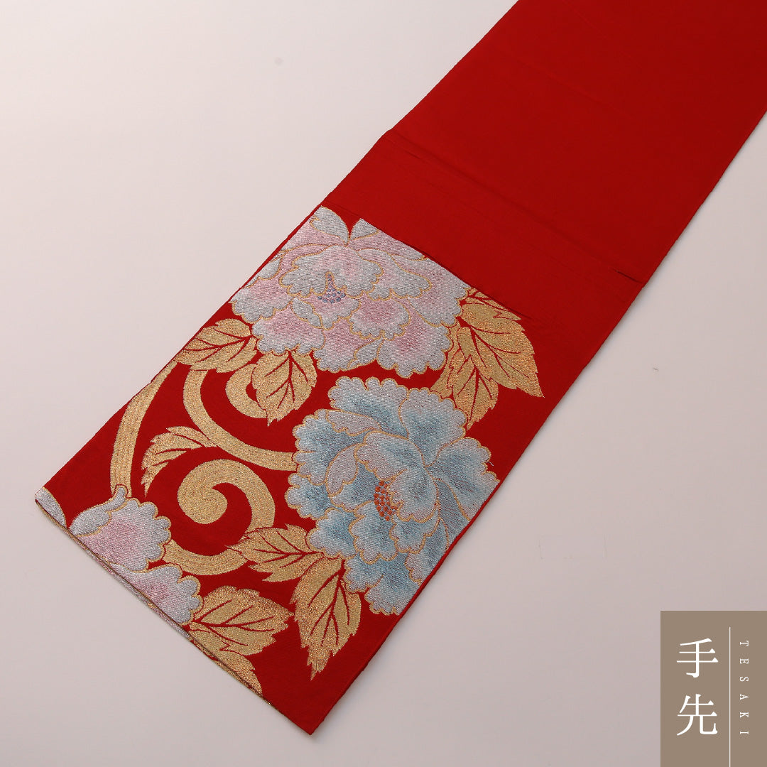 アンティーク 袋帯 帯丈424cm 六通 Aランク 正絹 唐草牡丹 赤系 金系 1223-01918