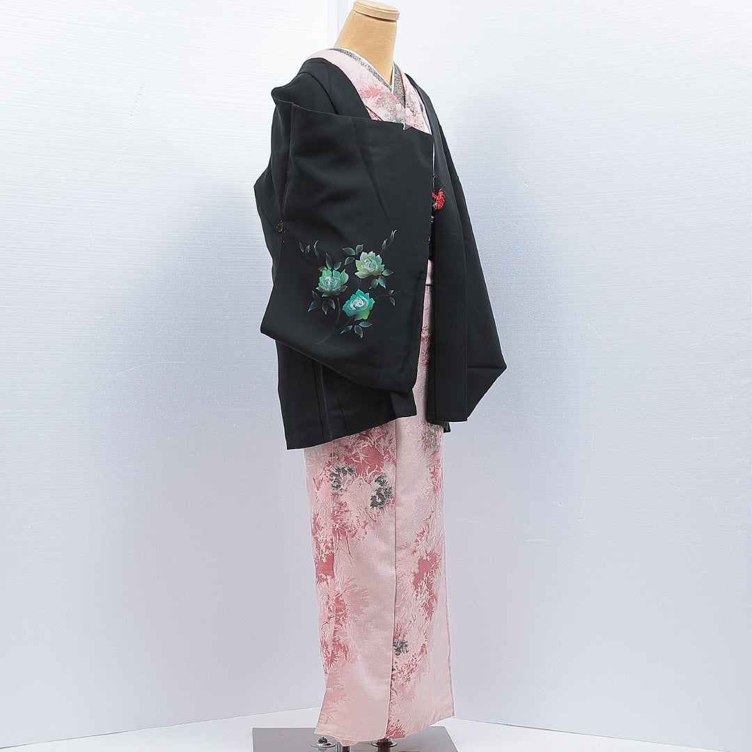 黒羽織 袷 身丈76cm 裄丈63cm 正絹 Aランク インフォーマル Sサイズ 紐あり 薔薇 黒系 RP 1233-16831