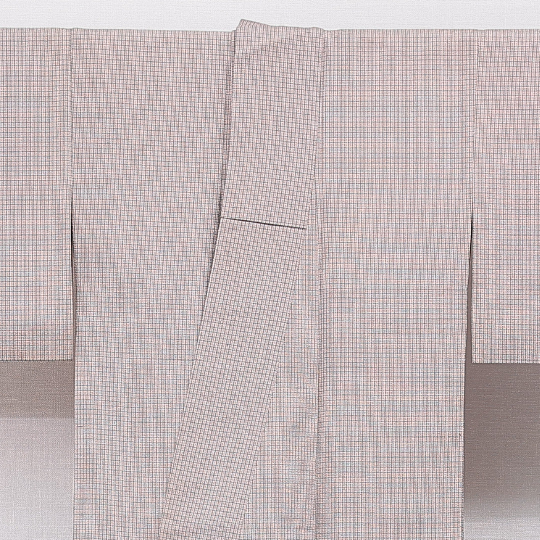 紬 袷 身丈151cm 裄丈62cm 正絹 Dランク Sサイズ 広衿 カジュアル 格子 グレー系 1216-15527