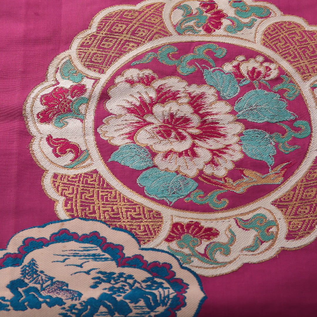 アンティーク 九寸名古屋帯 帯丈336cm 名古屋仕立て ポイント柄 Dランク 正絹 鏡裏文 紫系 赤系 1224-03809