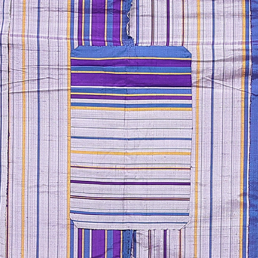 アンティーク 紬 単衣 身丈143cm 裄丈62cm 正絹 Aランク XSサイズ バチ衿 居敷当て 肩当て 縞 グレー系 紫系 1216-15106