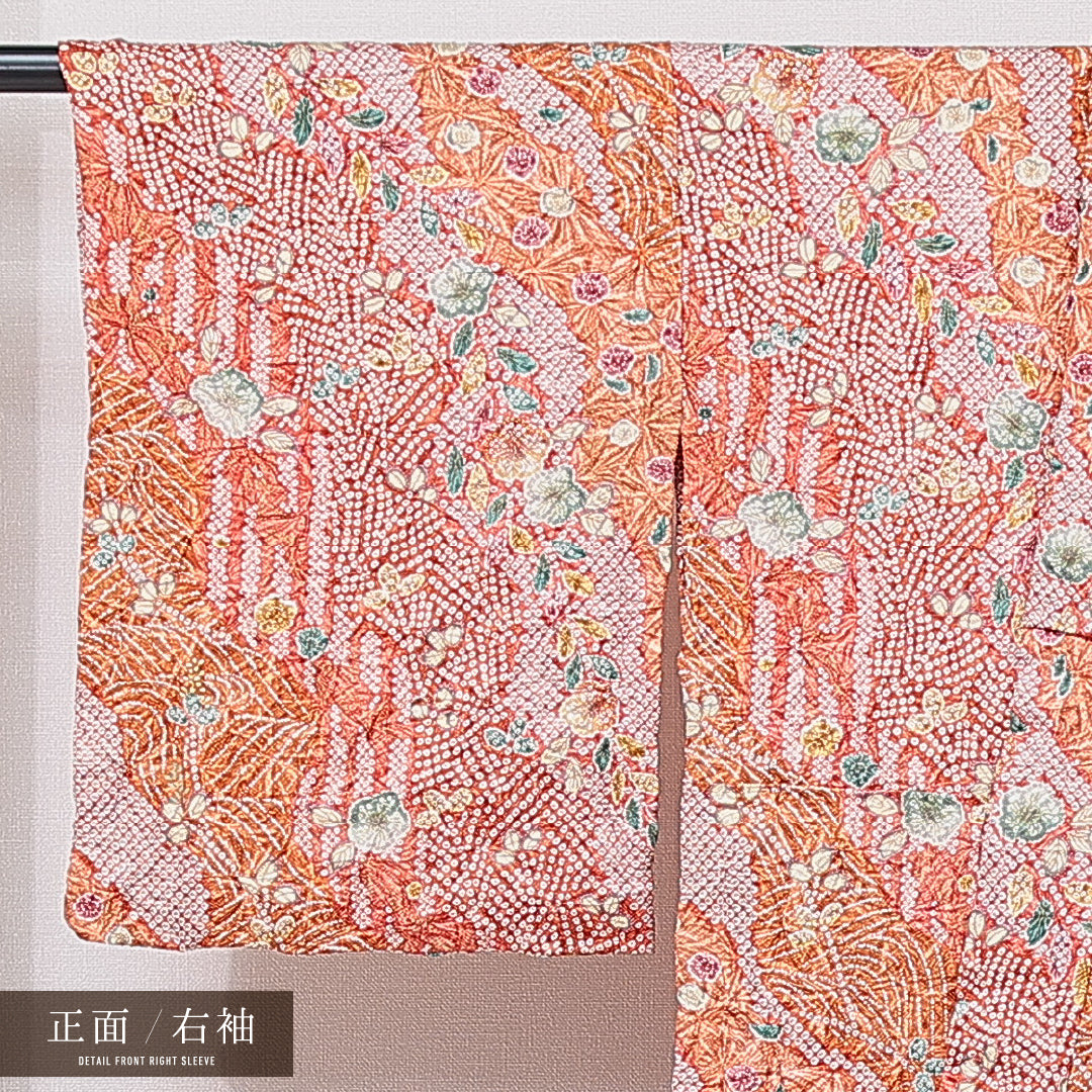 小紋 単衣 身丈156cm 裄丈64cm 正絹 Sランク インフォーマル バチ衿 Mサイズ ふくれ織 居敷当て 梅 鹿の子柄 ピンク系 RP 1221-15881