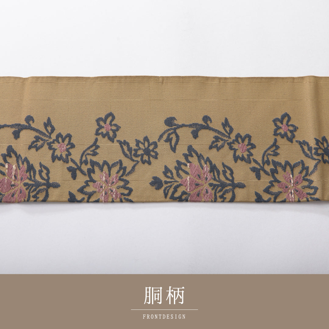 八寸名古屋帯 Aランク 帯丈327cm 正絹 全通 名古屋仕立て 織り カジュアル 花柄 ベージュ系 RP 1245-03927