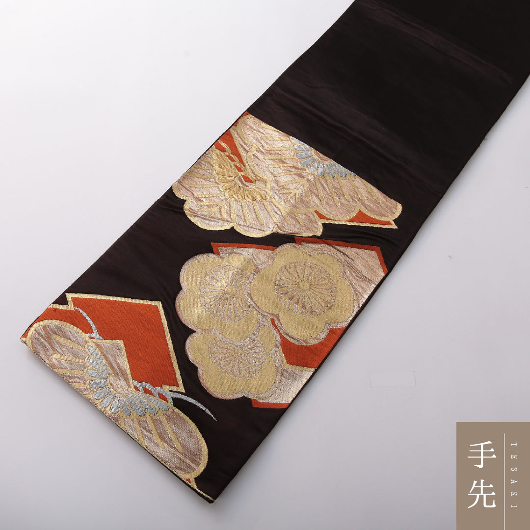 アンティーク 袋帯 帯丈416cm フォーマル 六通 未仕立て 帯芯なし Aランク 正絹 梅 笠松 茶系 1223-01974