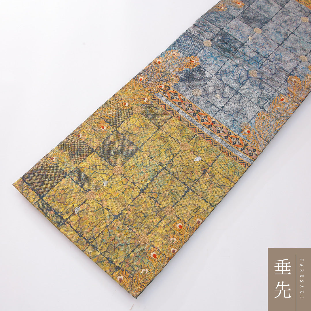 袋帯 帯丈438cm 正絹 六通 帯芯なし セミフォーマル 石畳 羽 有職文様 金系 銀系 1243-02280