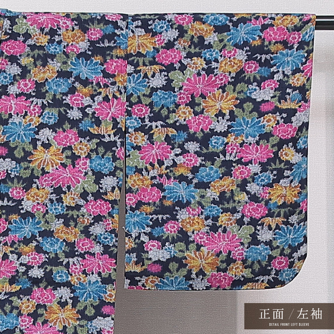 洗える着物 ウールの紬 単衣 身丈150cm 裄丈62cm ウール Sランク カジュアル バチ衿 Sサイズ 菊 多色系 RP 1223-15725