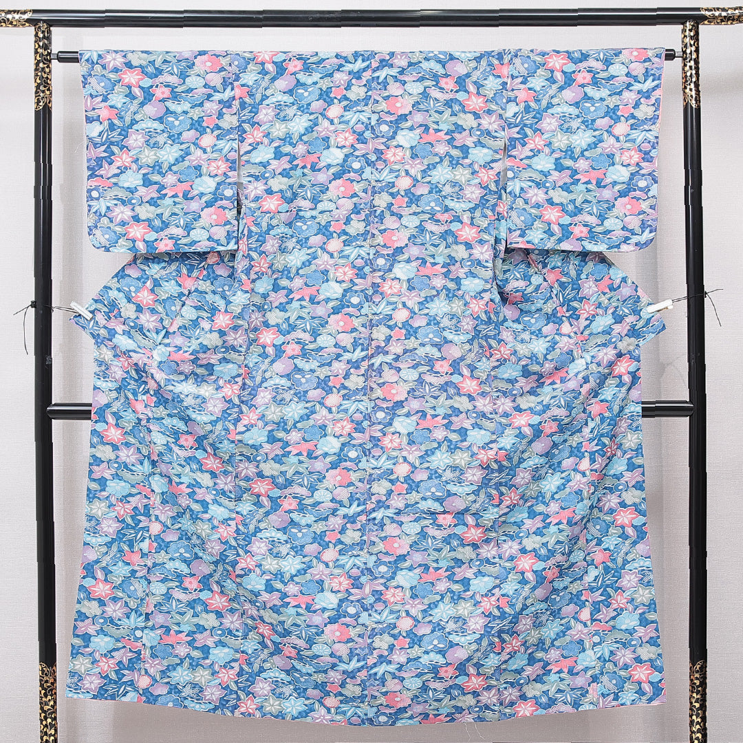 小紋 洗える着物 袷 身丈153cm 裄丈62cm ポリエステル Cランク Sサイズ バチ衿 インフォーマル 花柄 水色系 1215-15726